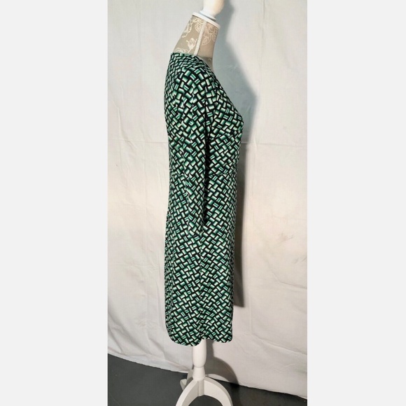 Ann Taylor LOFT Green Black Weave Print Knit 3/4 Sleeve Casual Poly Knit Dress~0 - Picture 4 of 12